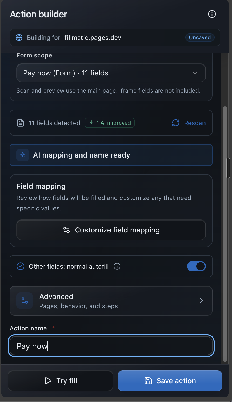 Action builder with a scoped checkout form, editable field mapping, Try fill, and Save action controls.
