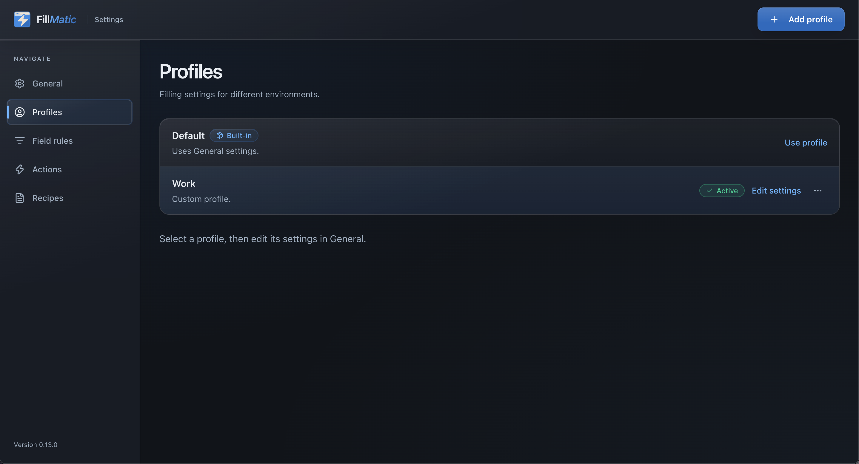 Profiles settings with Default and Work profiles, with Work selected as active.