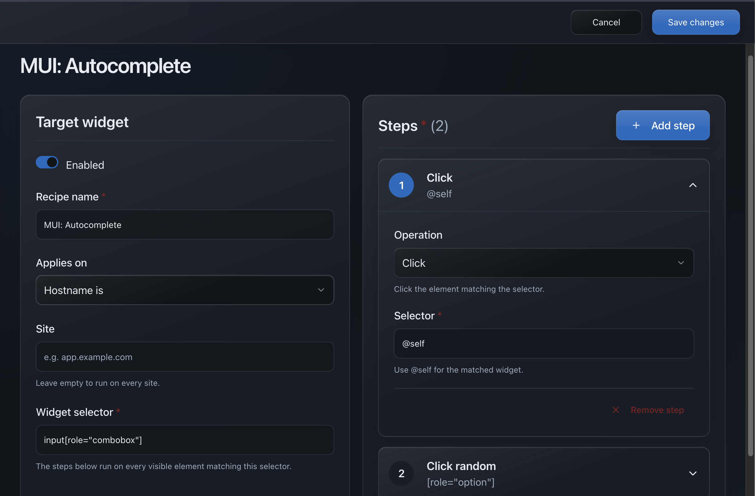 The actual MUI Autocomplete Recipe editor showing click and random option selection steps.